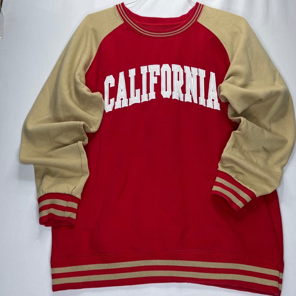 New York Popular Sweatshirt L Red Tan California Raglan Varsity Fleece Pullover